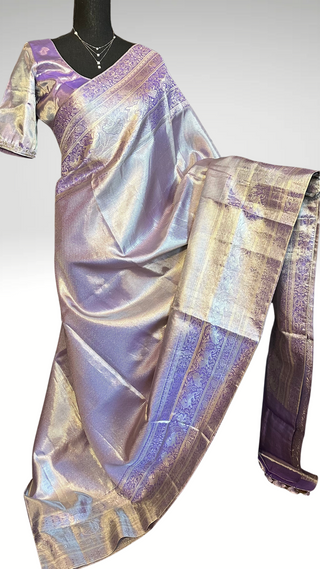 Pastel Lavender vaira oosi silver zari KANJIVARAM SAREE with Hand embroidered blouse