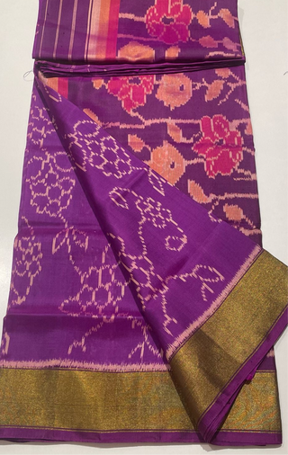 Purple patola silk saree with  silk finish pallu with prestitched blouse
