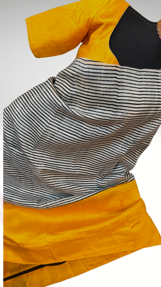 Yellow handloom Tussar silk with stitched blouse stripe saree