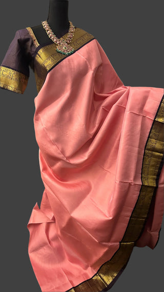 Salmon pink vaira oosi kanchi pattu saree fine weave kanchi pattu bridal