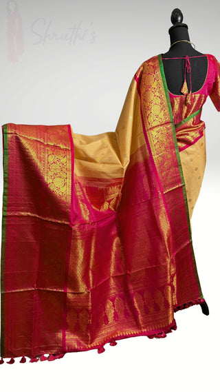 Pure Handloom ven pattu Ven pattu Beige  to pink  Gadwal silk saree gold zari silk with stitched blouse ready to ship USA Easy drape
