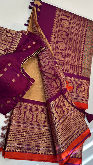 Gold Gadwal handwoven silk saree with stitched blouse online ready to ship USA