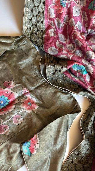 Pink pure printed tussar saree online usa with stitched blouse