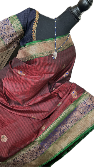 Maroon Tussar Beneras Katan saree with prestitched blouse