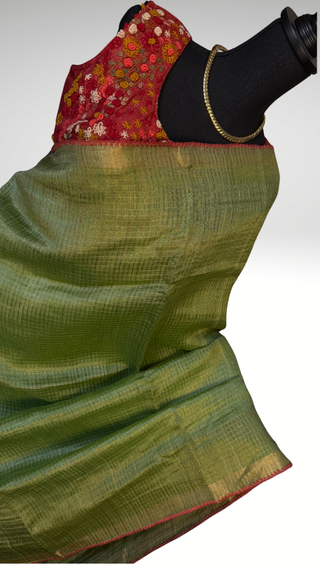 Light Olive Green sleeveless blouse saree Handloom silk Tussar with embroidery sleeveless silk blouses zari borders and fine checks Partywear bridesmaids