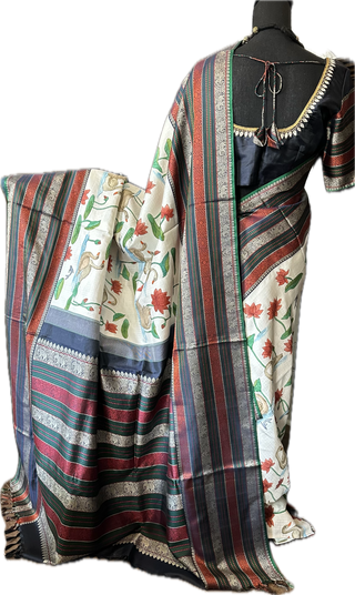 Hand painted Pure kanjivaram silk saree with brocade silk blouses