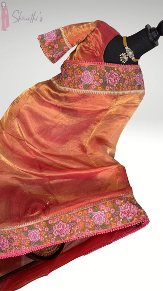 Pure Double Tissue katan Pinkembroidered borders  Organza  silk saree with blouse online shopping usa