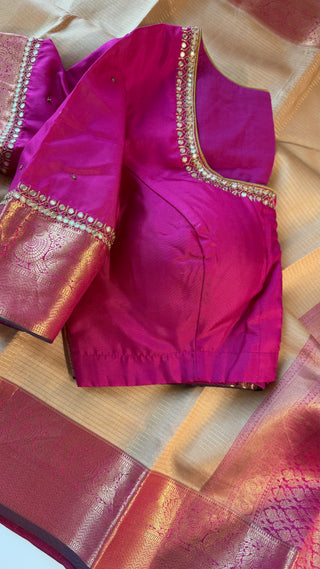 Handloom Pure kanchi Light Almond color  fine vairaoosi pure zari kanjivaram silk saree blouse and pallu indian wedding silk saree online usa