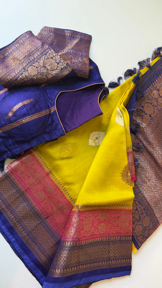 Pure Handloomlight olive green beneras organza saree stitched blouse saree online