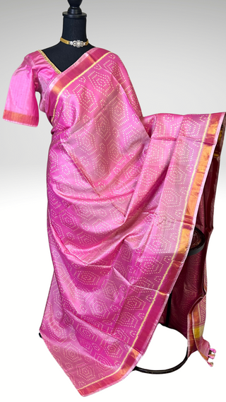 Pink pastel silk patola silk saree with  silk finish pallu with prestitched blouse