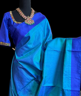 Pure blue kanjivaram silk saree borderless plain kanchi pattu saree online handwoven kanchi pattu saree usa 