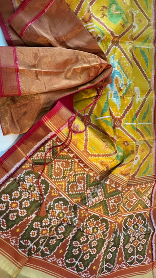 Tissue silk patola silk saree with  silk finish pallu with prestitched blouse