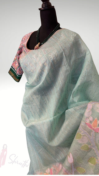 Pure Pastel Blue Jamdhani kora silk  Handloom embroidered pallu silk saree silk saree pallu Partywear Diwali online shopping with hand patola double ply embroidered   blouse