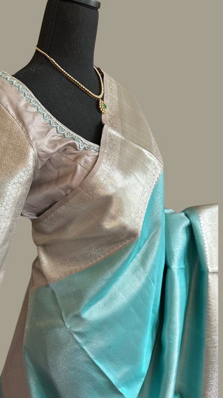 Pastel Blue Kanjivaram pattu saree Handwoven silk saree with stitched  blouse Hand embroidered blouse