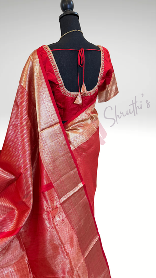 Pure Kanjivaram Red bridal Handloom pure silk silver zari embroidered blouse  Handloom silk saree pure zari  Muhurtam Wedding Saree with ready to wear ship Blouse Online USA