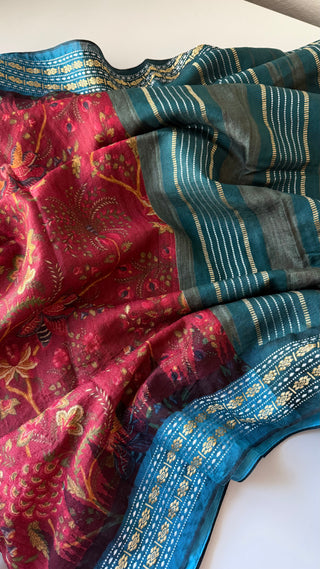 Handloom vidharbha tussar pichwai print tussar silk saree  online and prestitched blouse