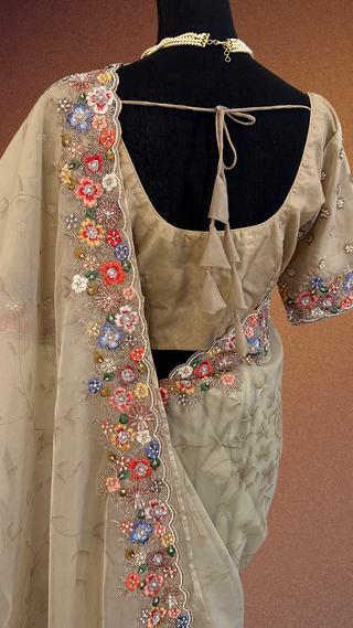 Pure Organza Embroidered with stitched blouse - party wear Organza