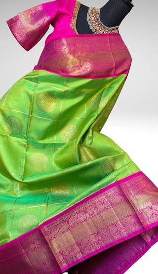 Parrot Green pink Gold checks kanjivaram silk saree with stitched Indian wedding muhurtam silk bridal blouse online shopping usa fine weave easy drape