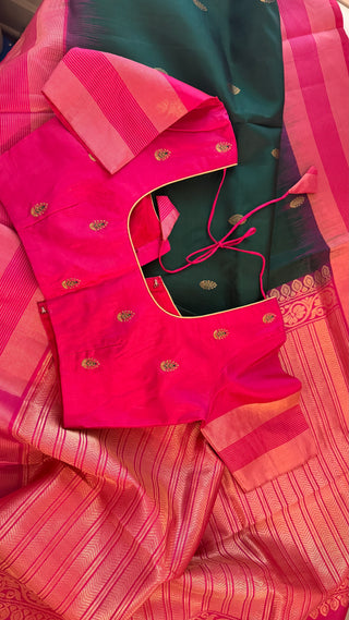 Pure Soft Silk Saree Bottle green with pink  silk saree with embroidered  Stitched Blouse Indian handloom wedding pattu Saree Online USA Ready to Ship Saree Online USA Easy Drape