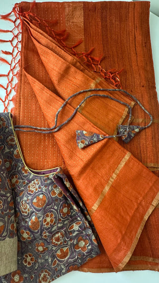 Orange pure tussar silk with Kalamkari blouse silk blouses Partywear Indian saree usa