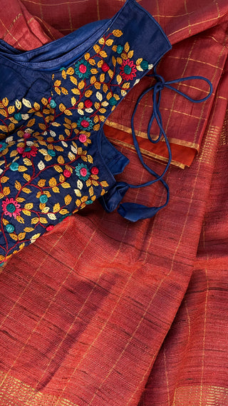Rouge Pink Tussar pure silk saree embroidered blouse with pure handloom saree Handloom silk Tussar with embroidery silk blouses zari borders and fine checks Partywear bridesmaids