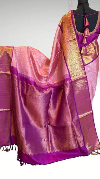 Pure Handloom Authentic Kanjivaram Pastel Pink Vanasingaram brocade silk saree gold zari online stitched blouse embroidered blouse  one of a kind elegant easy drape  silk saree online shopping ships from USA