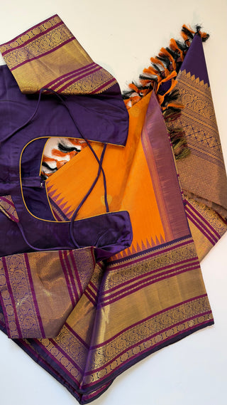 Apricot to Indigo Border Pure Kanjivaram Silk saree with stitched blouse ready to wear latest Diwali navarathri collection online USA