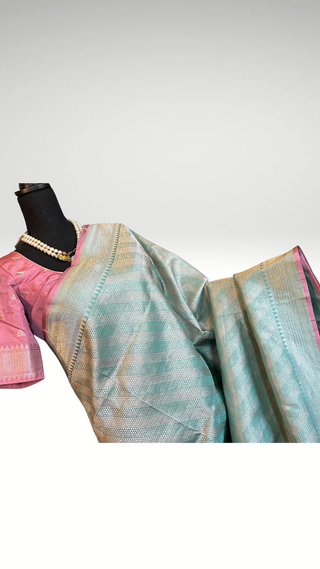 Pastel pink Benerasi silk saree with stitched  handwoven blouse online shopping usa