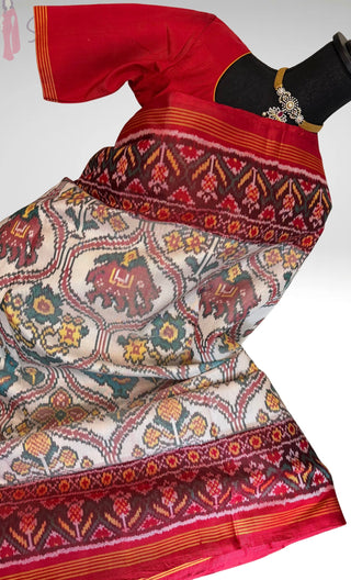 Pure Patan Patola Silk Saree White Red pure silk saree silk finish with stitched blouse Partywear pooja wear ready to ship Saree USA