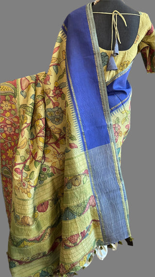 Pure pen kalamkari green pure kanchi pattu saree  yellow pen kalamkari saree with blouse online usa