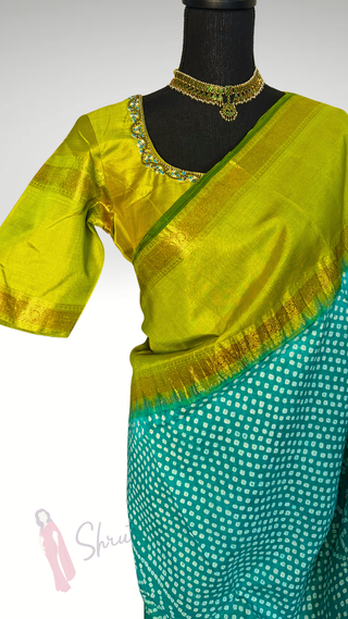 Pure Bandhej Kanjivaram pastel  turquoise Embroidered Silk Saree pure silk saree silk finish with stitched blouse Partywear pooja wear ready to ship Saree USA