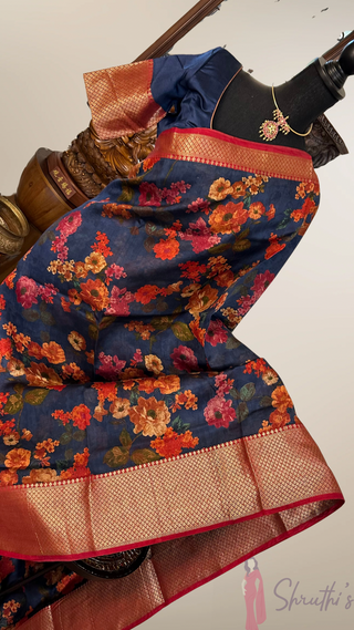 Printed  floral chinya blue  silk sarees with stitched blouse