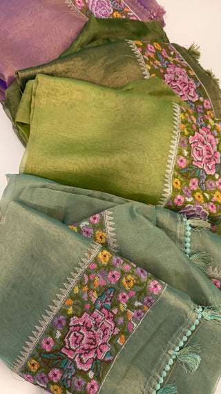 Pure Tissue Beneras pastel Green Party wear handloom handwoven pure silk saree stitched blouse saree readymade online USA