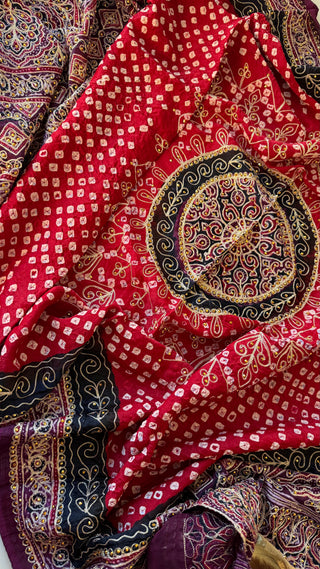 Bandhej silk handdone bhandhani pure gajji silk duppatta Red Dupatta embroidered