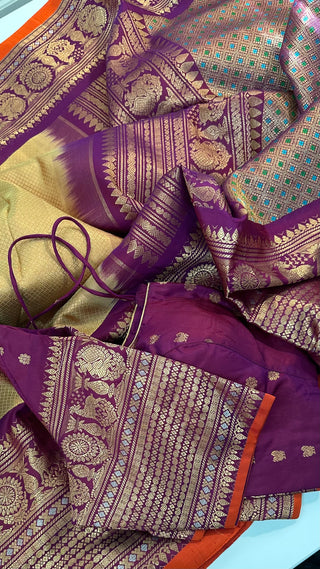 Gold Gadwal handwoven silk saree with stitched blouse online ready to ship USA