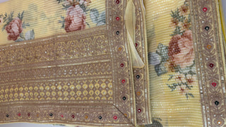 Yellow Sequin georgette saree digital print with prestitched blouses