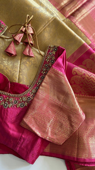 Beige Gold Pink Brocade Pure silk pattumuhurtam saree pure zari Kanjivaram silk saree with prestitched blouse embroidered blouse
