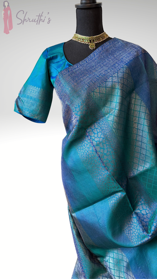Pure Handloom kanjivaram Shades of Beautiful Blue brocade weave silver zari kanchi pattu saree fine weave kanchi pattu bridal
