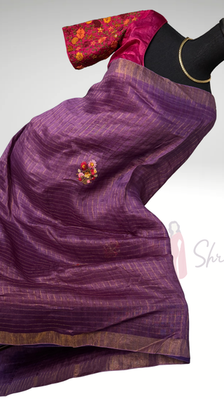 Violet Linen saree Handloom Linen with embroidery silk blouses zari borders and fine checks Partywear bridesmaids
