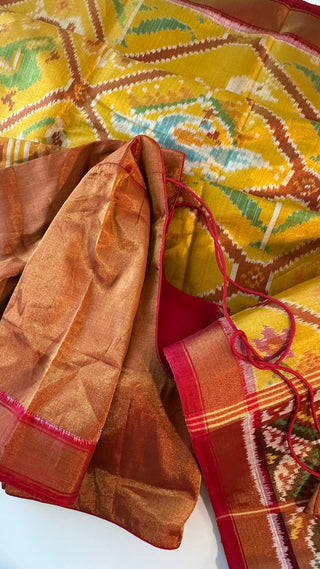 Tissue silk patola silk saree with  silk finish pallu with prestitched blouse