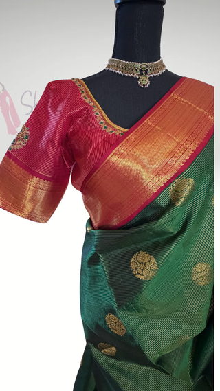 Pure Handloom kanjivaram Shades of Beautiful Bottle Green to Red  vaira oosi kanchi pattu saree fine embroidered blouse weave kanchi pattu bridal