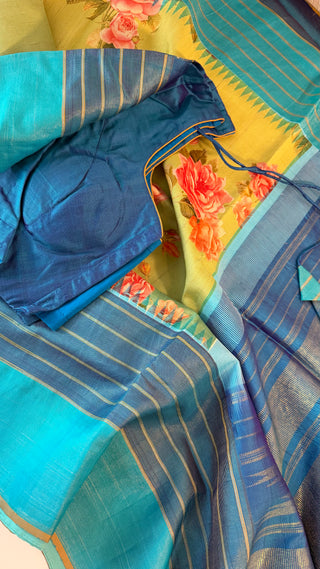 Printed floral pure Kanchi pattu fusion saree with gold tissue  zari pallu easy drape pure silk saree usa
