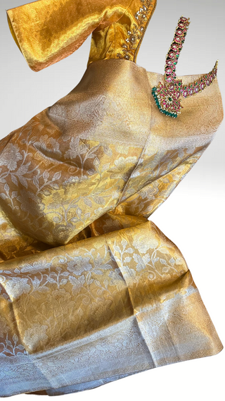 Pure Gold tissue Kanchi Kora Pure zari silk saree with stitched  blouse online shopping usa