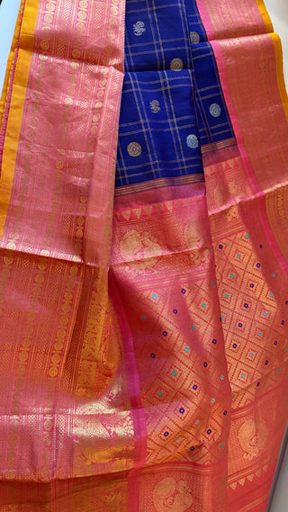 Pure Gadwal silk checks  saree pure zari  dark blue to pink gold zari silk saree