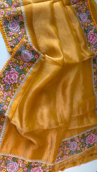 Pure Tissue Beneras yellow handwoven pure silk saree stitched blouse saree readymade online USA