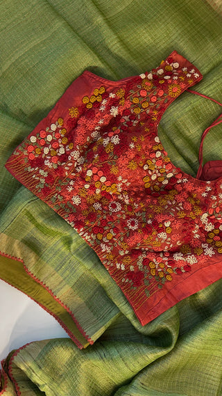 Asparagus Green sleeveless blouse saree Handloom silk Tussar with embroidery sleeveless silk blouses zari borders and fine checks Partywear bridesmaids