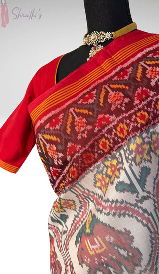 Pure Patan Patola Silk Saree White Red pure silk saree silk finish with stitched blouse Partywear pooja wear ready to ship Saree USA