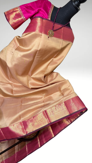 Handloom Pure kanchi Light Almond color  fine vairaoosi pure zari kanjivaram silk saree blouse and pallu indian wedding silk saree online usa