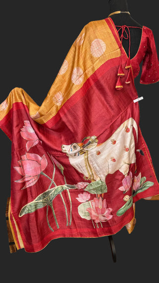 kalamkari printed blouse pure fine pichwai pallu handwoven Tussar silks with zari borders online usa