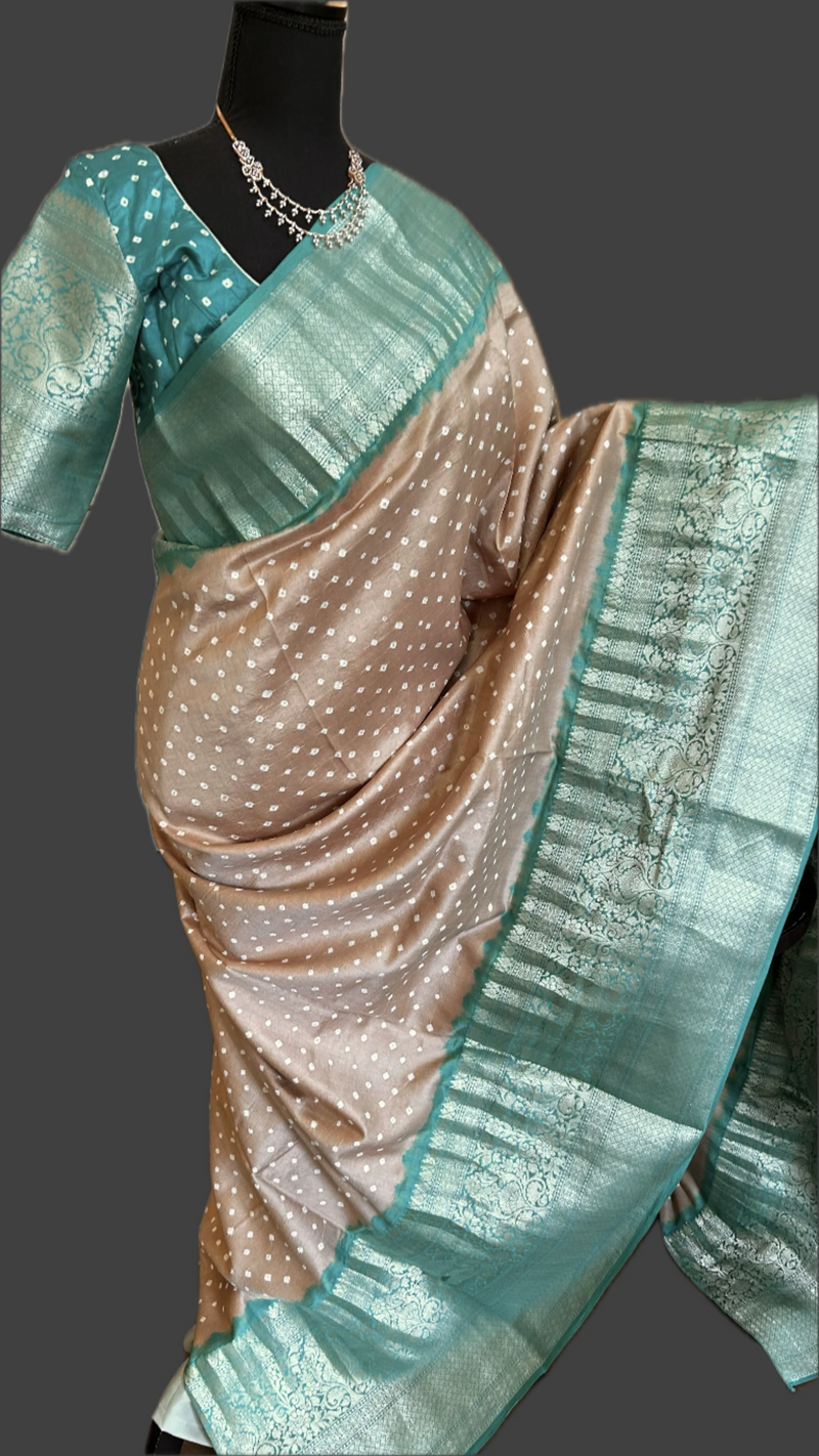 Pure Handloom Plain khhaadi Cotton Saree w/ pure Cotton Rye Bandhini stitched blouse. Fall Peco Done. Extra Running Material Blouse piece included. main image 0